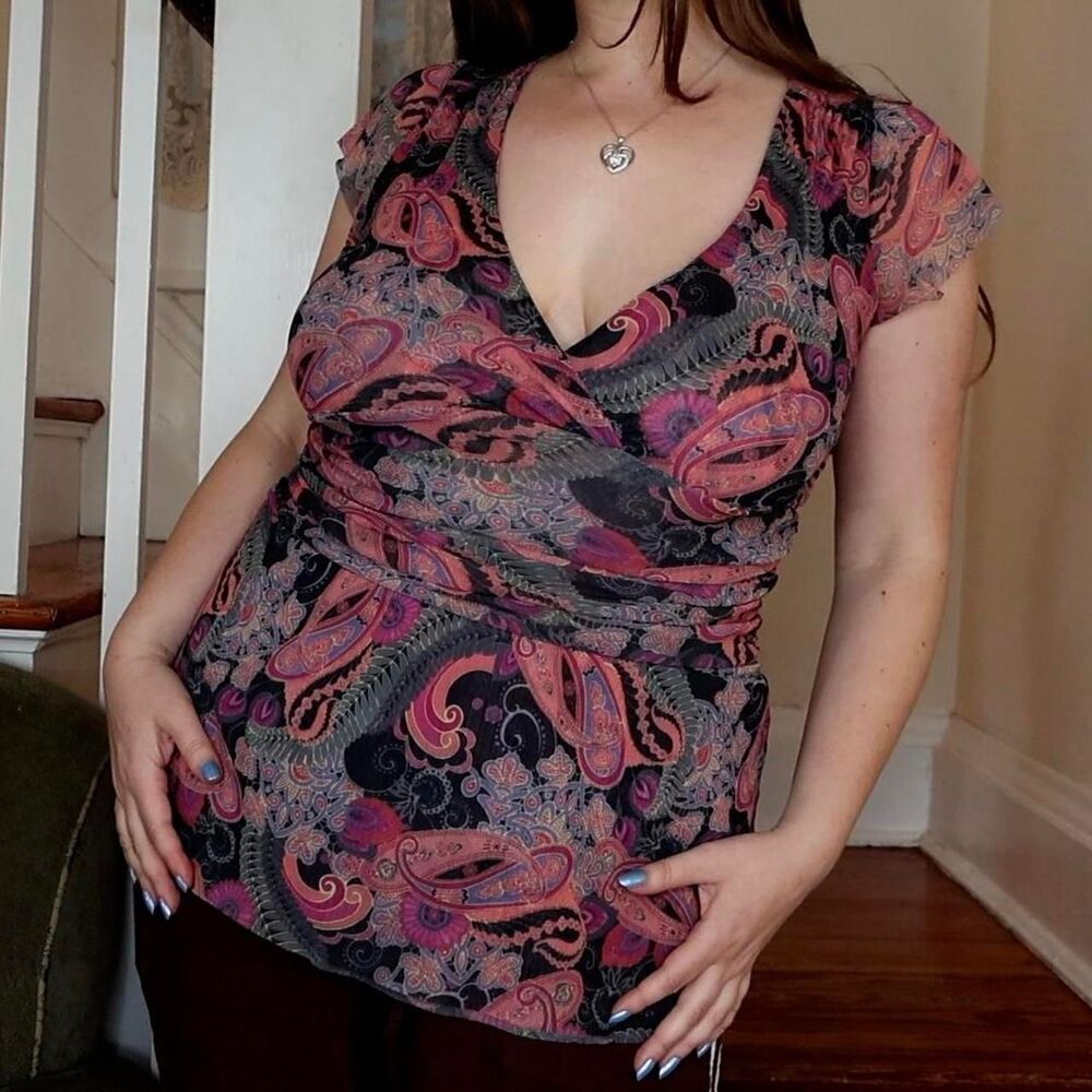 Paisley Pink Black Wrap Top - Large Sweet Pea Boho Mesh Fairycore Whimsigoth Y2K